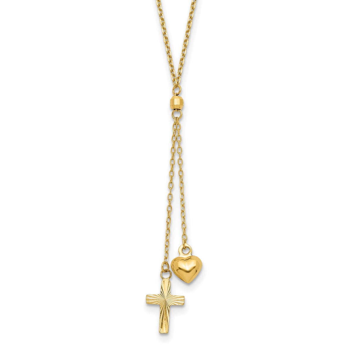 14k Yellow Gold Puffed Heart and Diamond-cut Cross 16 inch Y-Necklace Plus 2 inch Extender