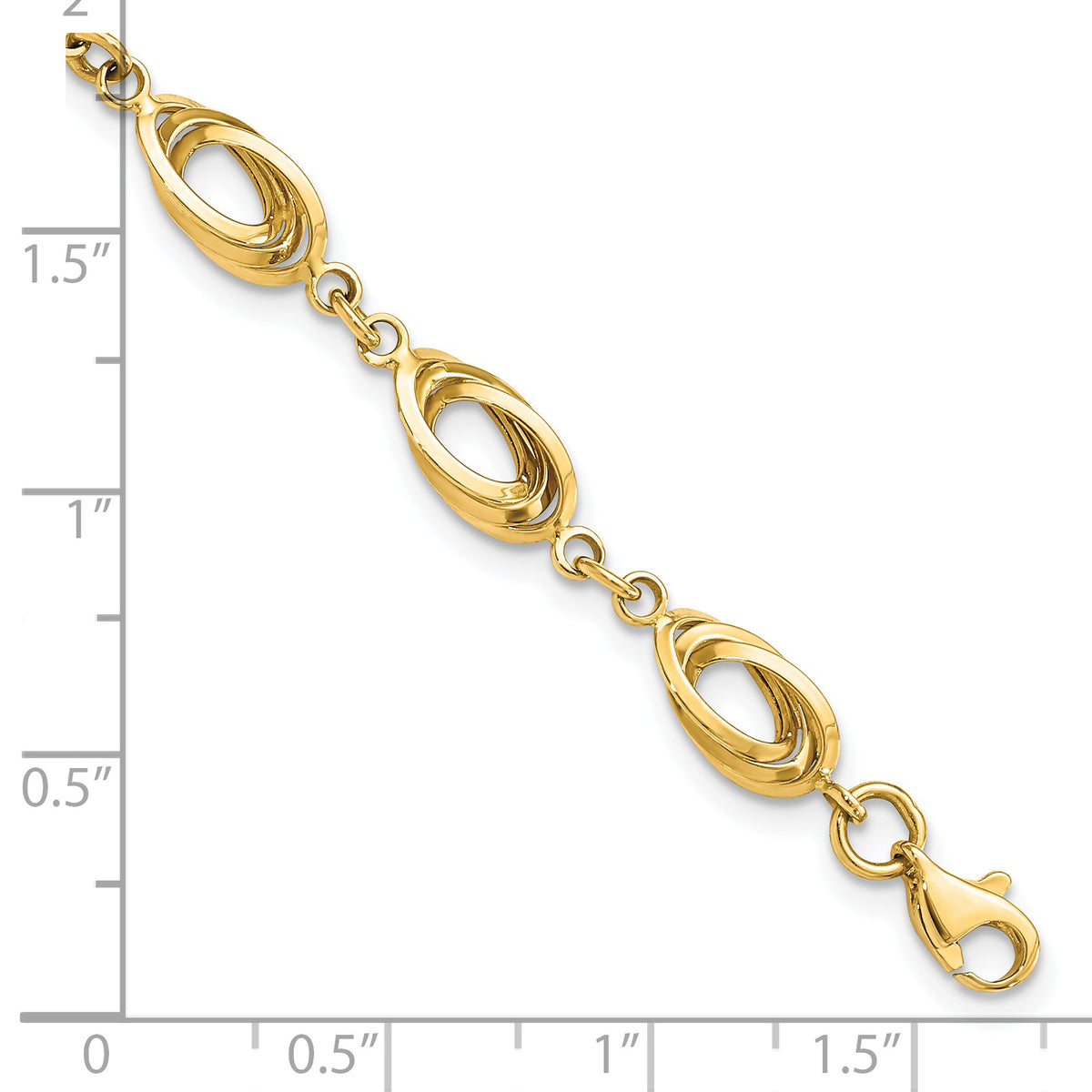 14k Yellow Gold Polished 8mm Fancy Oval Link 7.5 inch Bracelet, shown with a ruler for scale