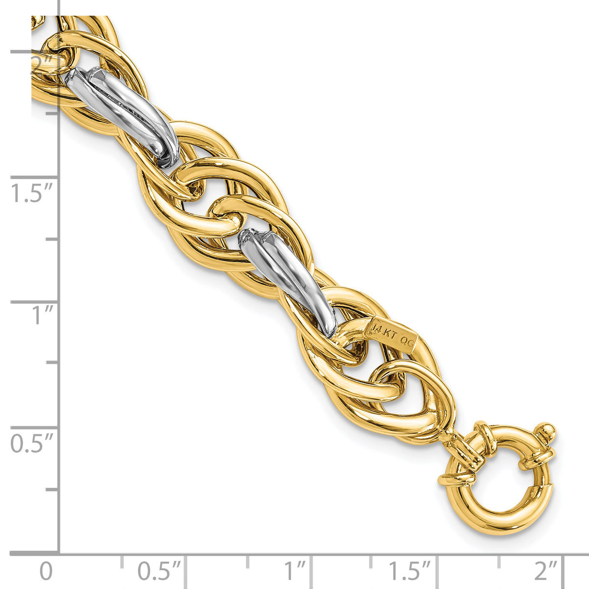 14k Two-Tone Gold Polished 11.5mm Fancy Rope Link 8.25 inch Bracelet, shown with a ruler for scale