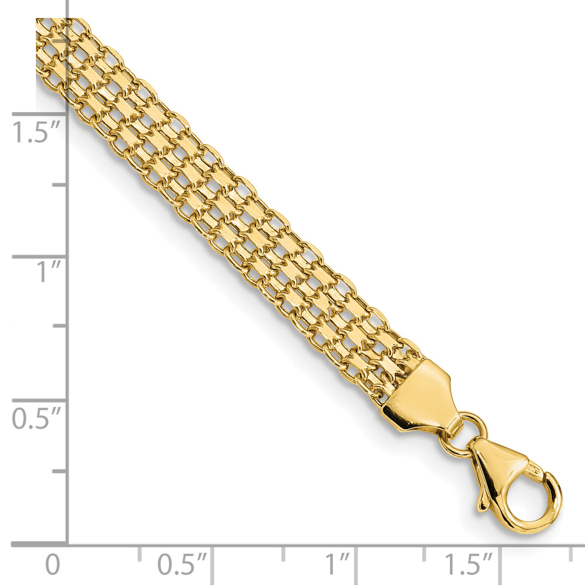14k Yellow Gold Polished 6.2mm Fancy Bismark Link Bracelet, shown with a ruler for scale - 7.5 in