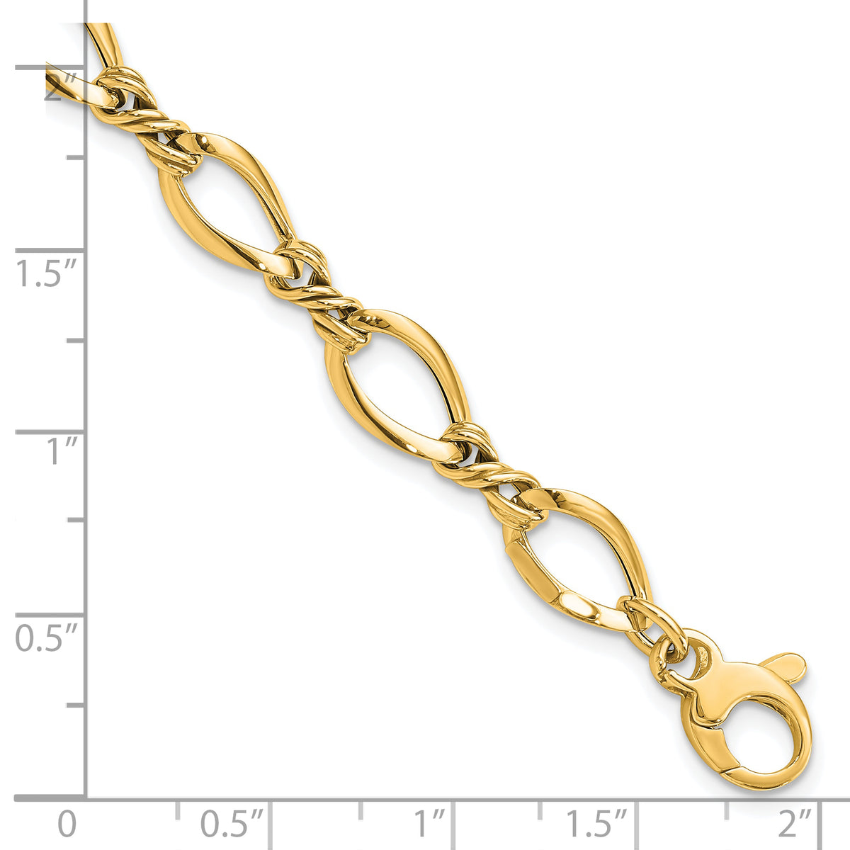 14k Yellow Gold Polished 8.8mm Fancy Twisted Link 7.5 inch Bracelet, shown with a ruler for scale