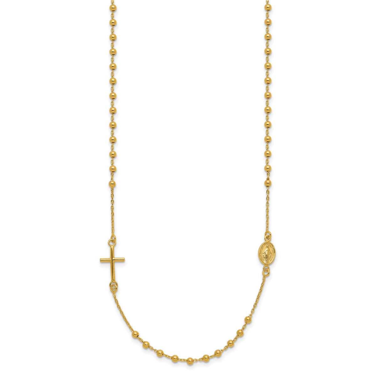 14k Polished Cross and Miraculous Medal Beaded Rosary Design 16 inch Necklace