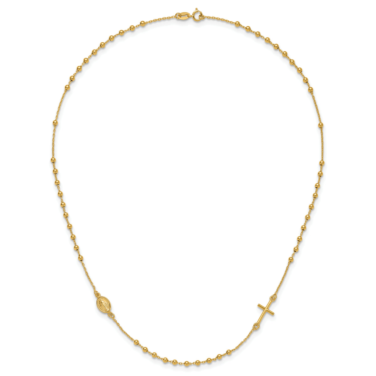 14k Polished Cross and Miraculous Medal Beaded Rosary Design 16 inch Necklace