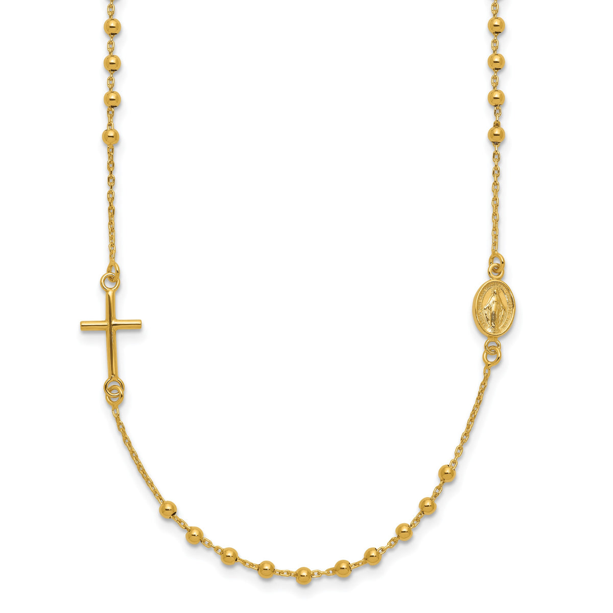 14k Polished Cross and Miraculous Medal Beaded Rosary Design 16 inch Necklace