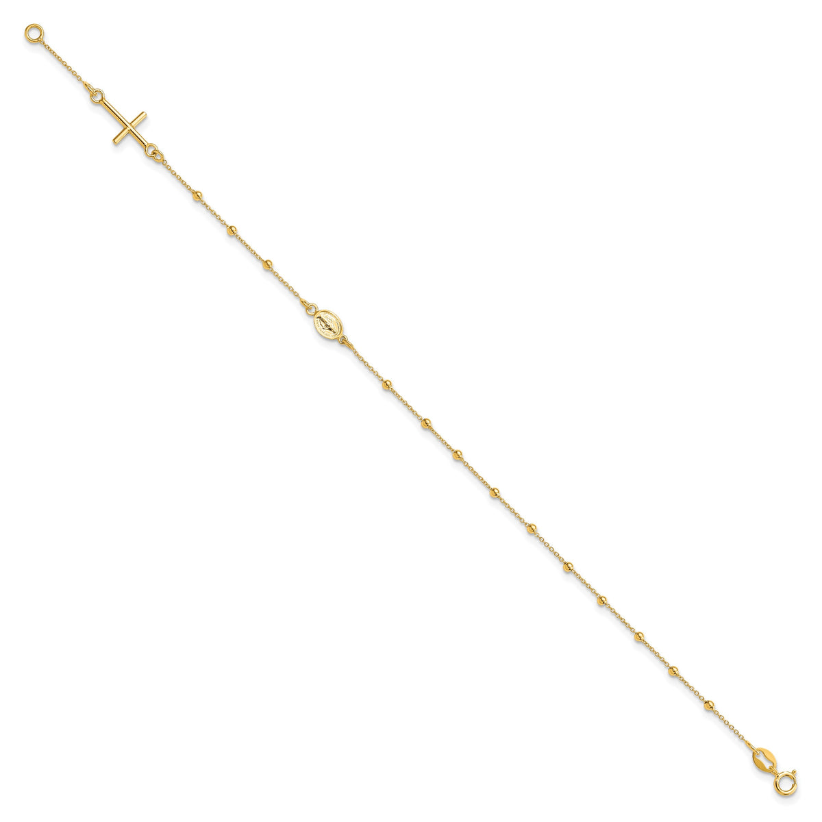 14k Yellow Gold Polished Cross and Miraculous Medal Beaded 7.5 inch Rosary Bracelet, view 2