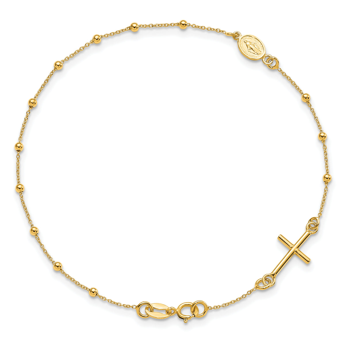 14k Yellow Gold Polished Cross and Miraculous Medal Beaded 7.5 inch Rosary Bracelet, view 4