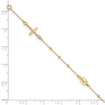 14k Yellow Gold Polished Cross and Miraculous Medal Beaded 7.5 inch Rosary Bracelet, shown with a ruler for scale