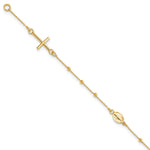14k Yellow Gold Polished Cross and Miraculous Medal Beaded 7.5 inch Rosary Bracelet