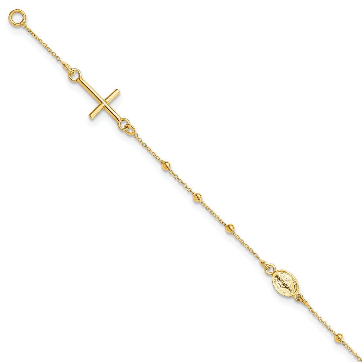 14k Yellow Gold Polished Cross and Miraculous Medal Beaded 7.5 inch Rosary Bracelet
