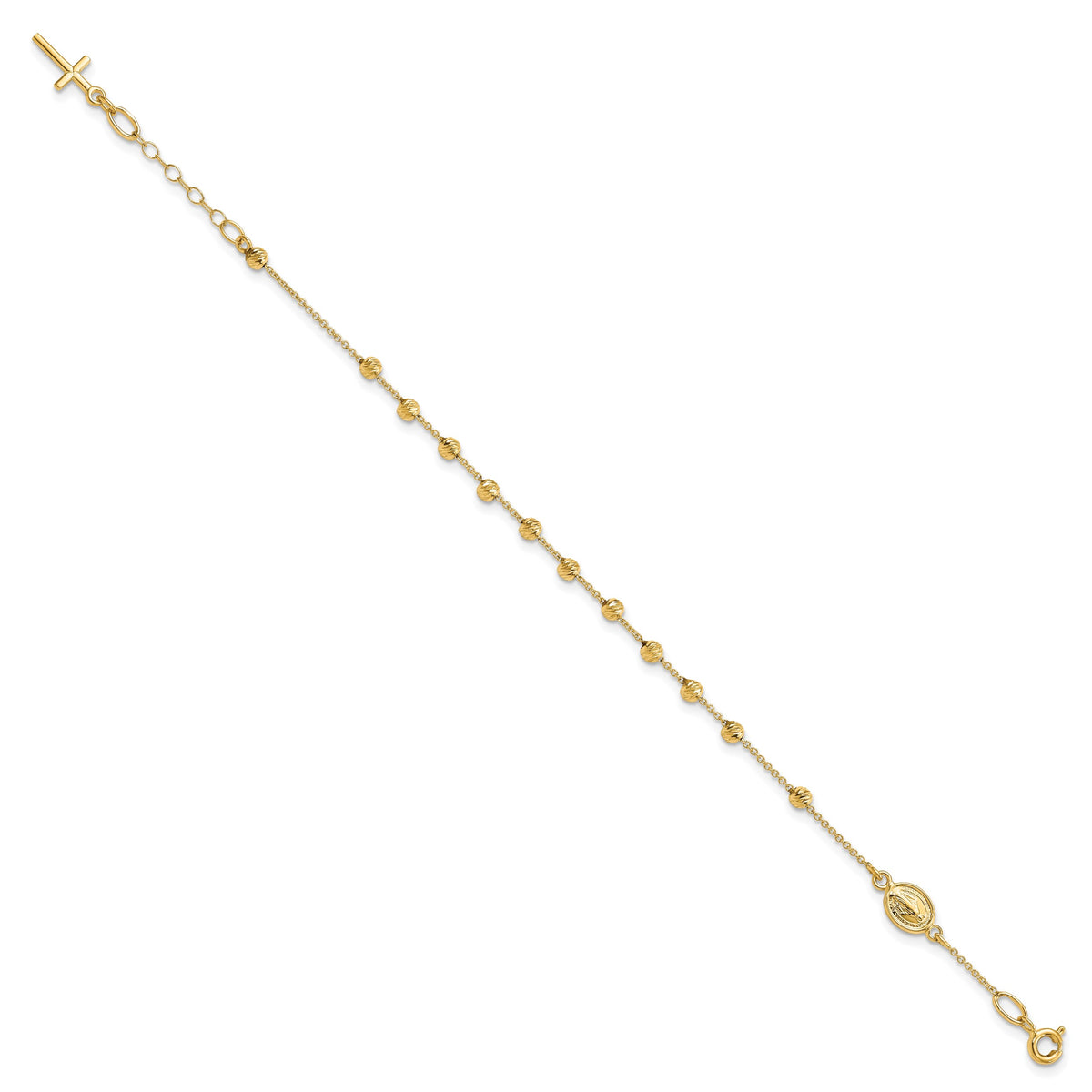 14k Yellow Gold Cross & Miraculous Medal Diamond-cut Bead Rosary Bracelet, 6-6.75 inch, view 2