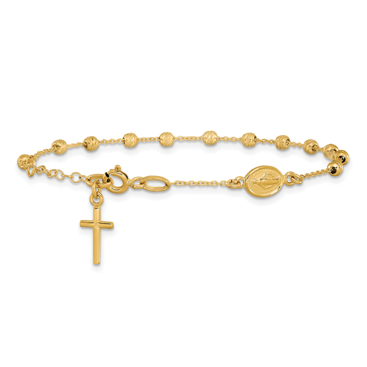 14k Yellow Gold Cross & Miraculous Medal Diamond-cut Bead Rosary Bracelet, 6-6.75 inch, view 3