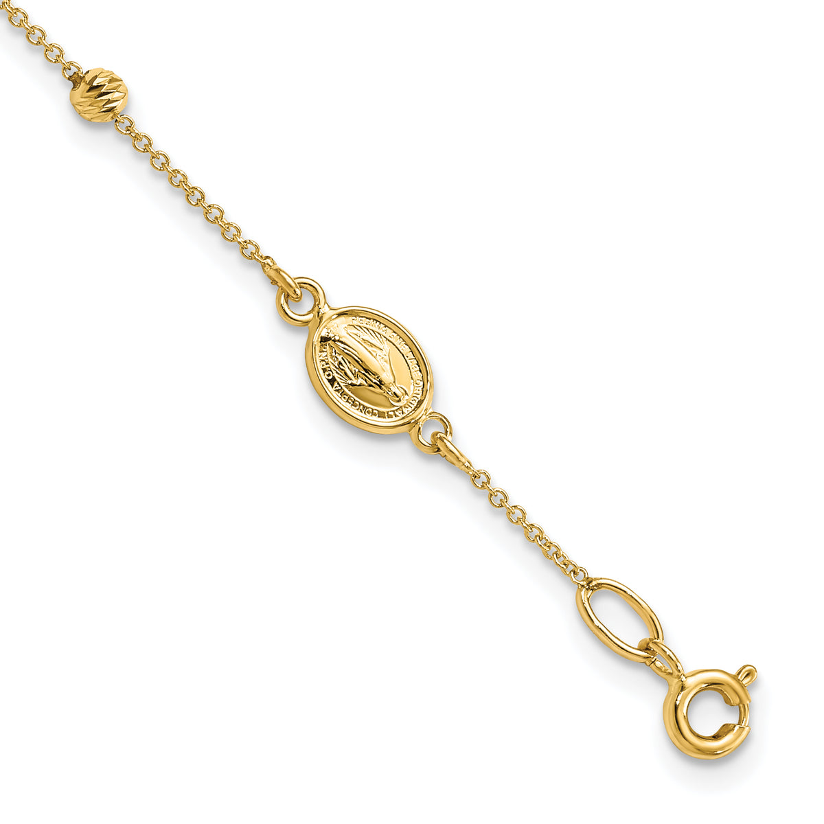14k Yellow Gold Cross & Miraculous Medal Diamond-cut Bead Rosary Bracelet, 6-6.75 inch