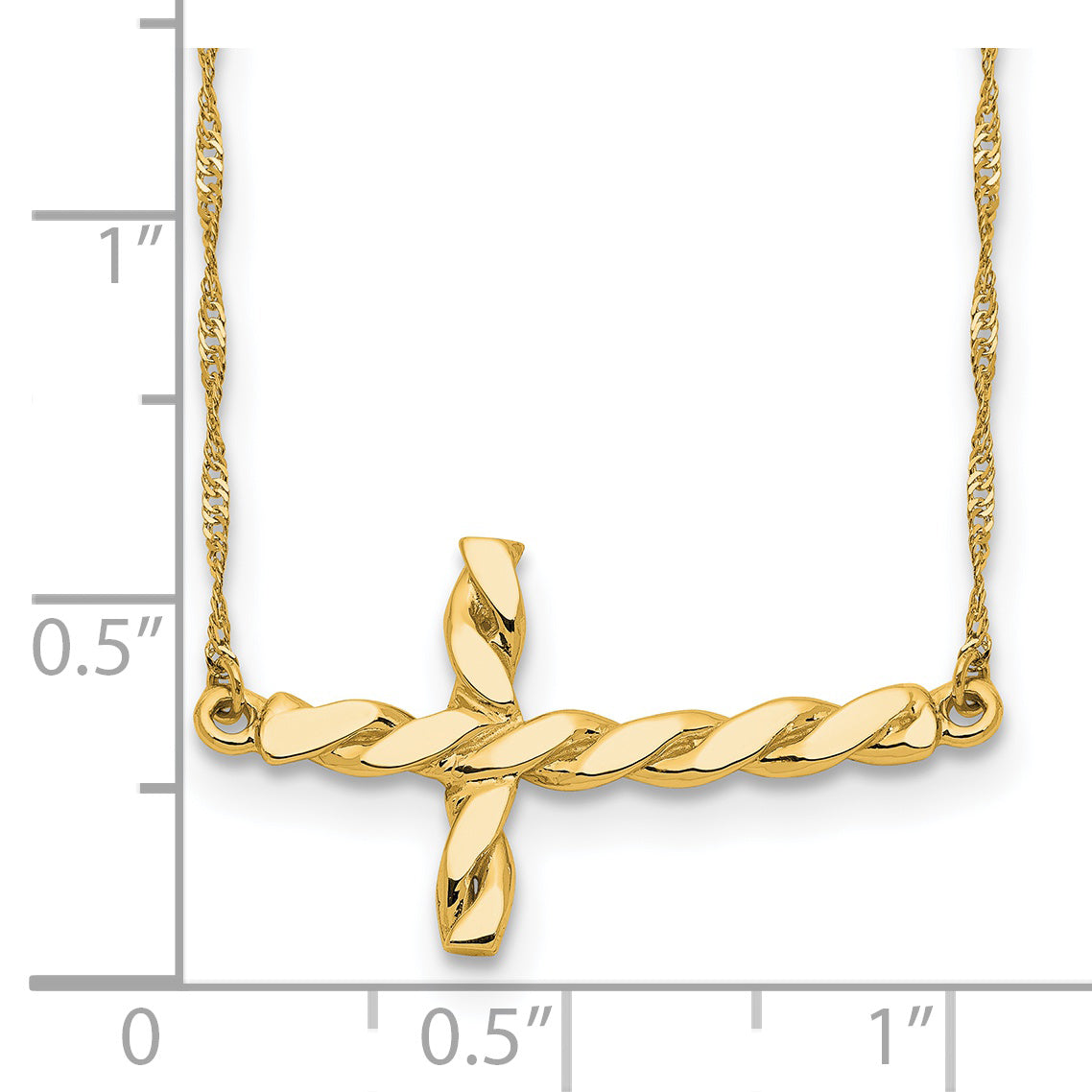 14k Yellow Gold Polished Twisted Sideways Cross 17 inch Necklace, shown with a ruler for scale