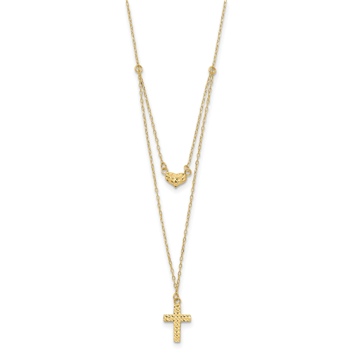 14k Yellow Gold Polished 2-Strand Diamond-cut Cross and Heart 16-18 inch Necklace, view 2