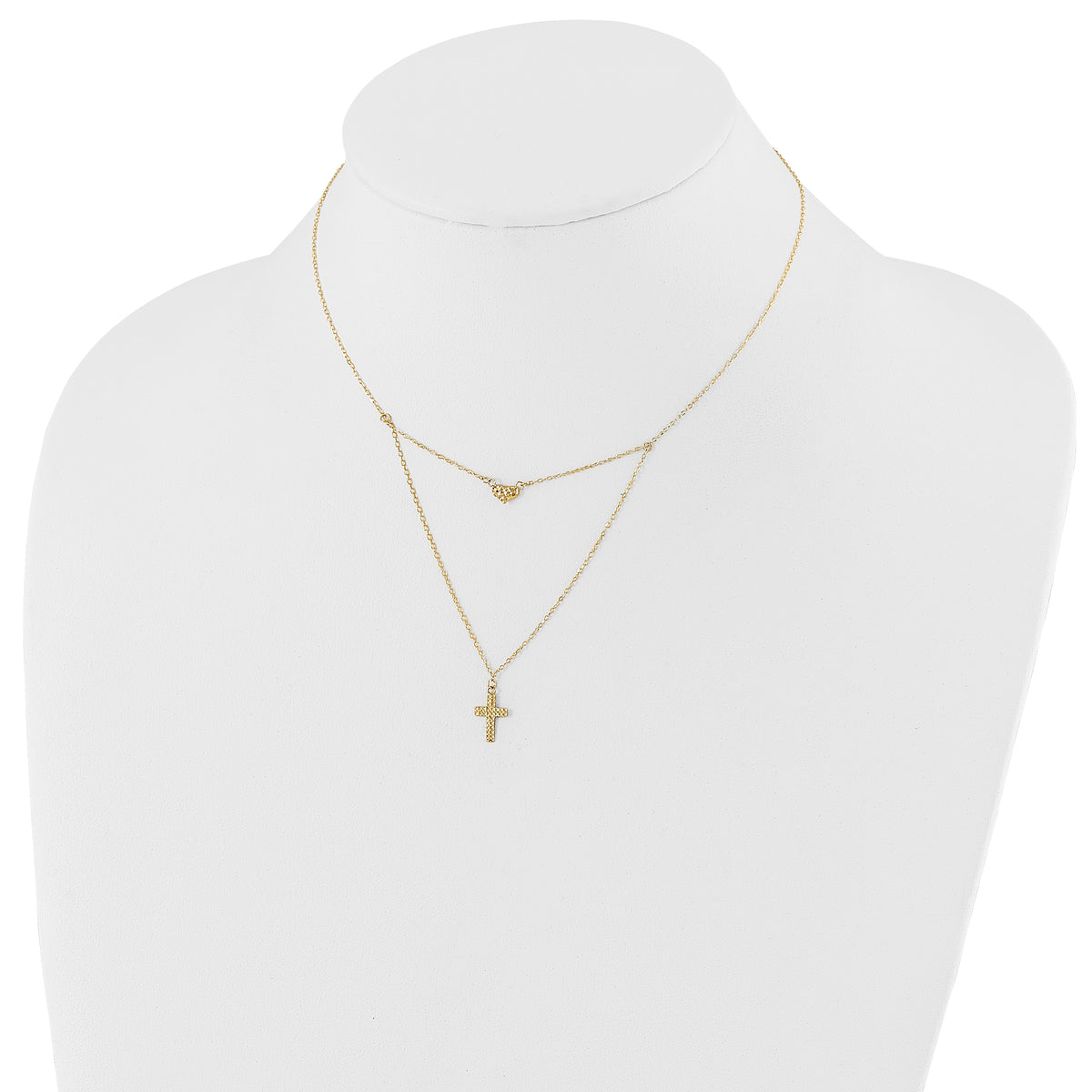 14k Yellow Gold Polished 2-Strand Diamond-cut Cross and Heart 16-18 inch Necklace, shown on a neck form