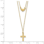 14k Yellow Gold Polished 2-Strand Diamond-cut Cross and Heart 16-18 inch Necklace, shown with a ruler for scale