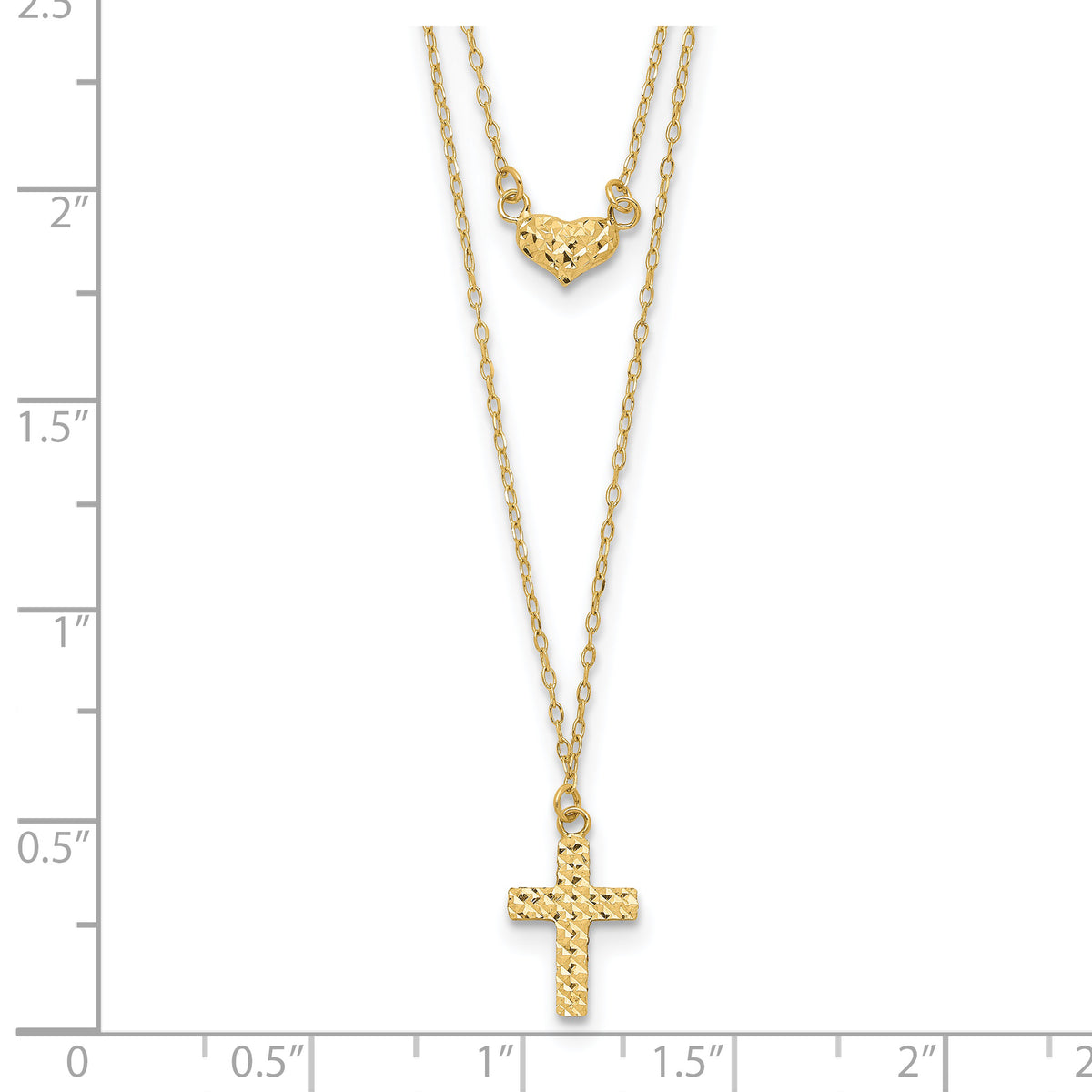 14k Yellow Gold Polished 2-Strand Diamond-cut Cross and Heart 16-18 inch Necklace, shown with a ruler for scale