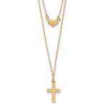 14k Yellow Gold Polished 2-Strand Diamond-cut Cross and Heart 16-18 inch Necklace