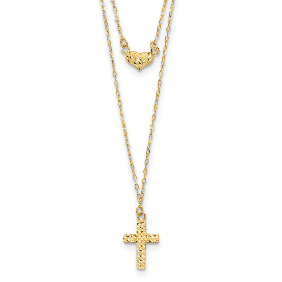 14k Yellow Gold Polished 2-Strand Diamond-cut Cross and Heart 16-18 inch Necklace