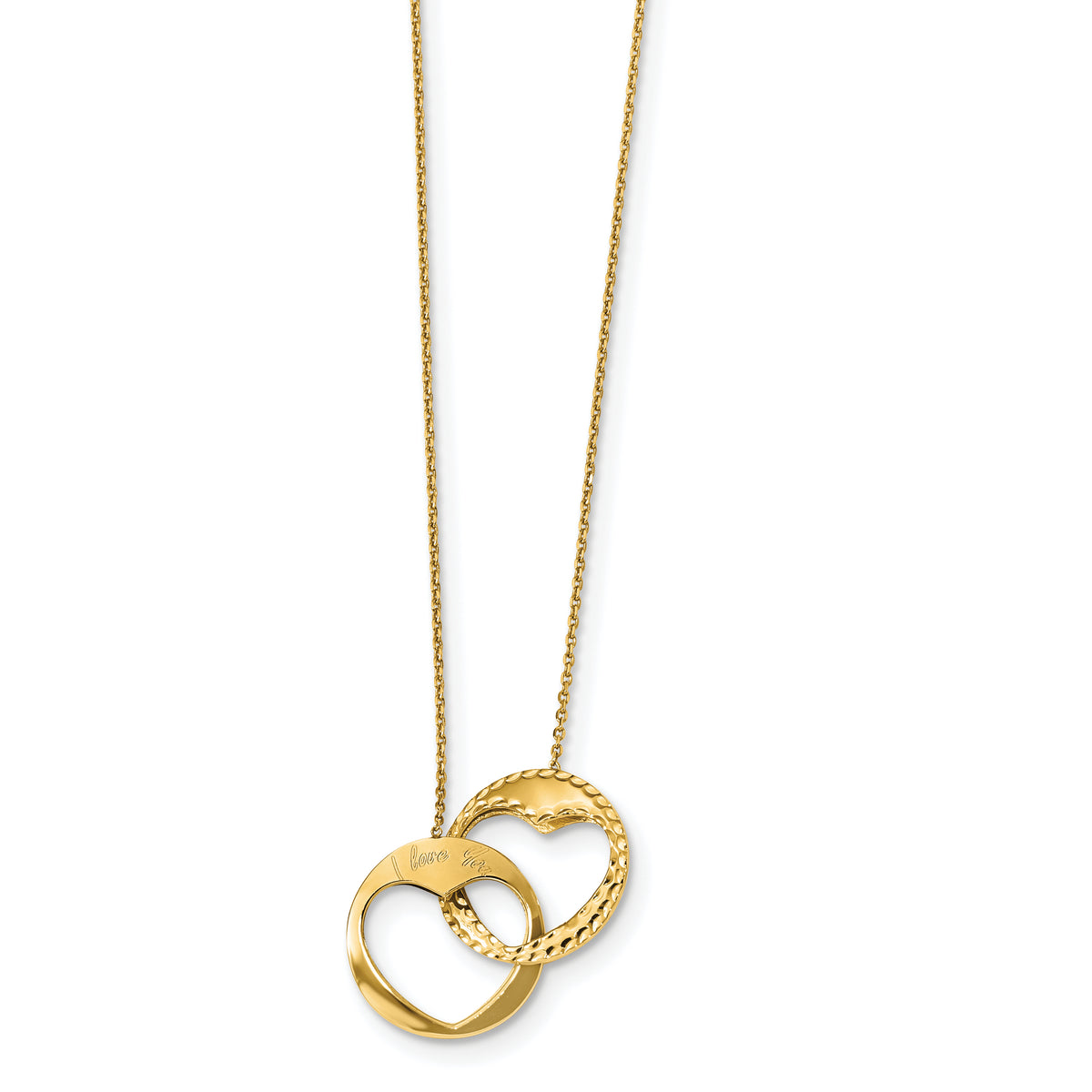 14k Yellow Gold Double Interlocking Hearts with Script I Love You 16 inch Necklace, view 2