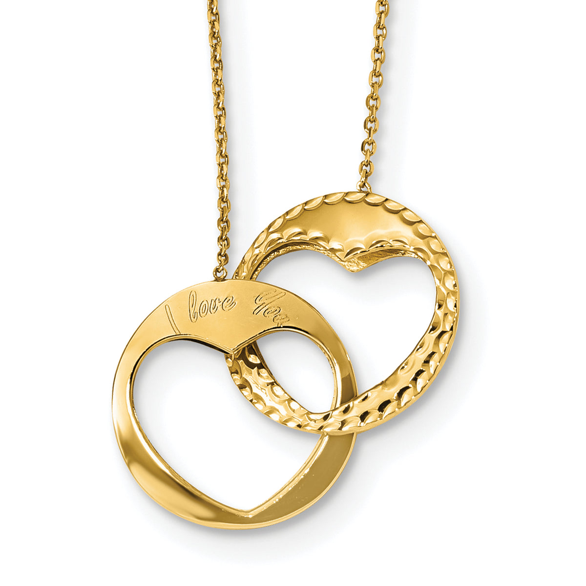 14k Yellow Gold Double Interlocking Hearts with Script I Love You 16 inch Necklace