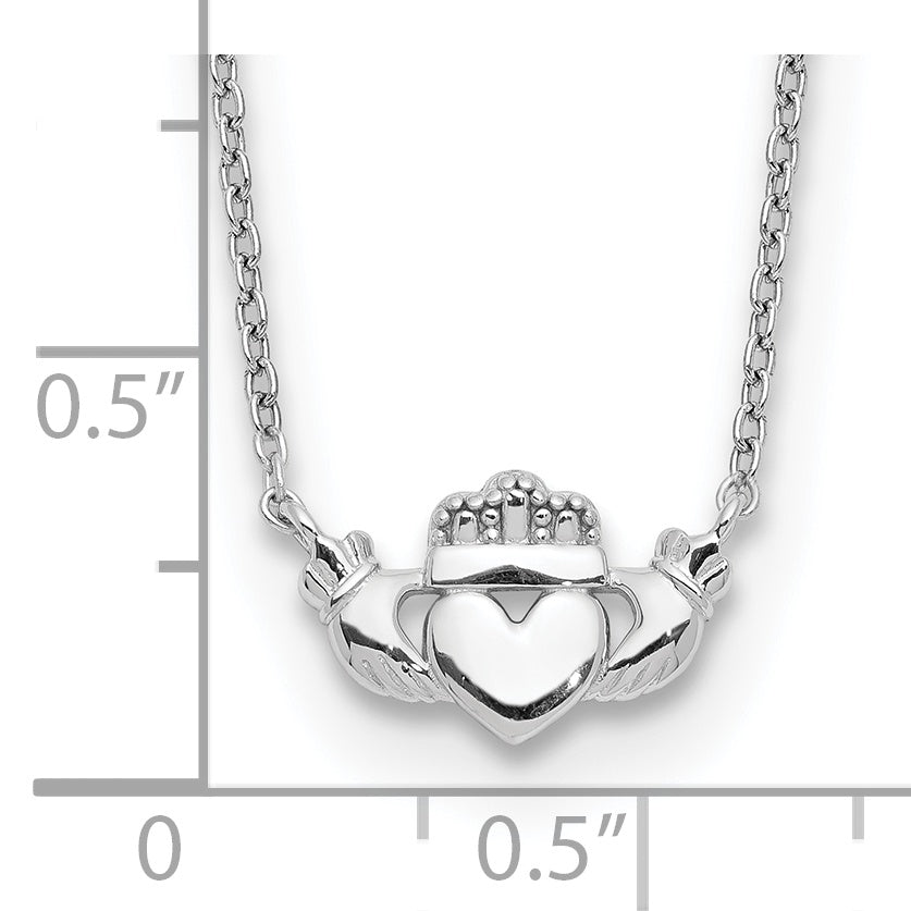 14k White Gold Polished Claddagh 17 inch Necklace, shown with a ruler for scale