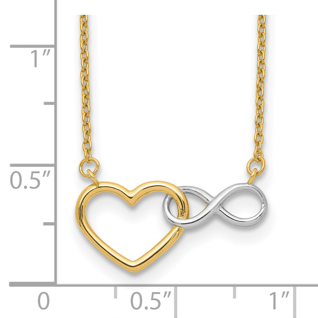 14k Gold with White Rhodium Interlocked Heart and Infinity 17 inch Necklace, shown with a ruler for scale