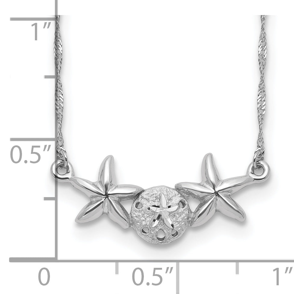 14k White Gold Brushed and Polished Sand Dollar and Starfish 17 inch Necklace, shown with a ruler for scale