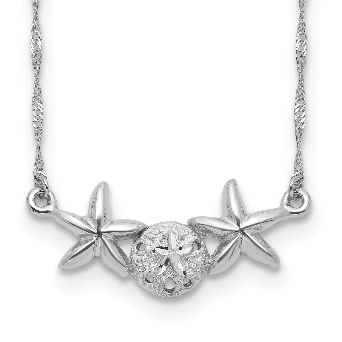 14k White Gold Brushed and Polished Sand Dollar and Starfish 17 inch Necklace