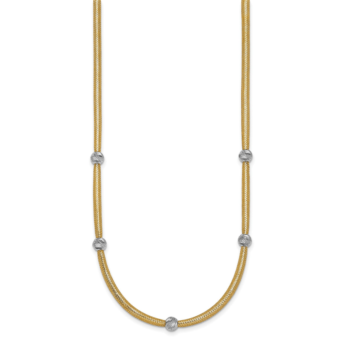 14k Gold with Rhodium 5-Station Diamond-cut Beads 4mm Flexible Mesh 18 inch Necklace, view 2
