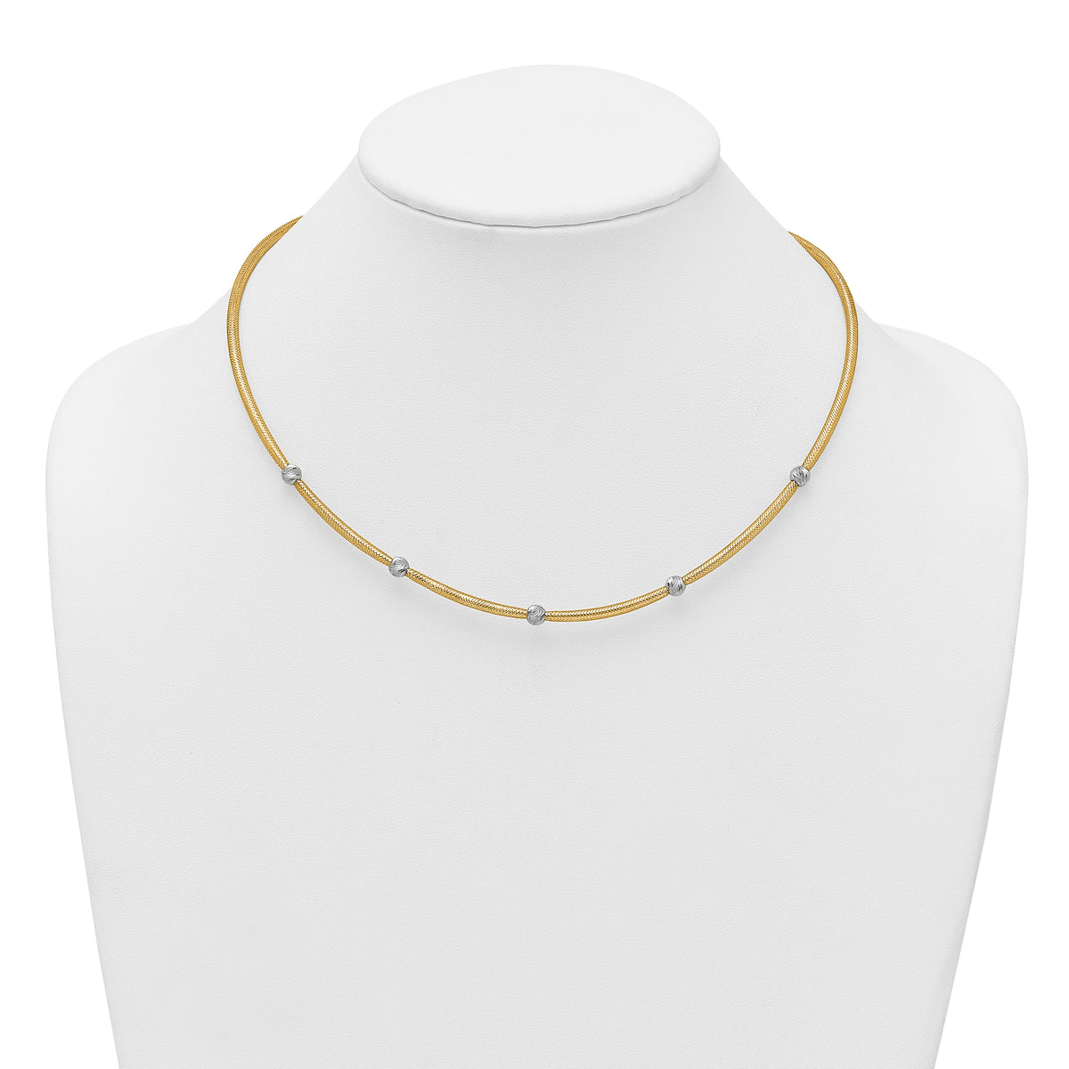 14k Gold with Rhodium 5-Station Diamond-cut Beads 4mm Flexible Mesh 18 inch Necklace, shown on a neck form