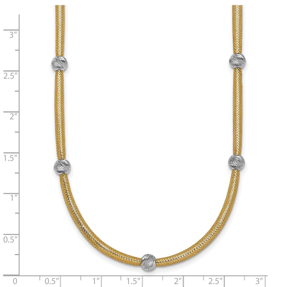 14k Gold with Rhodium 5-Station Diamond-cut Beads 4mm Flexible Mesh 18 inch Necklace, shown with a ruler for scale