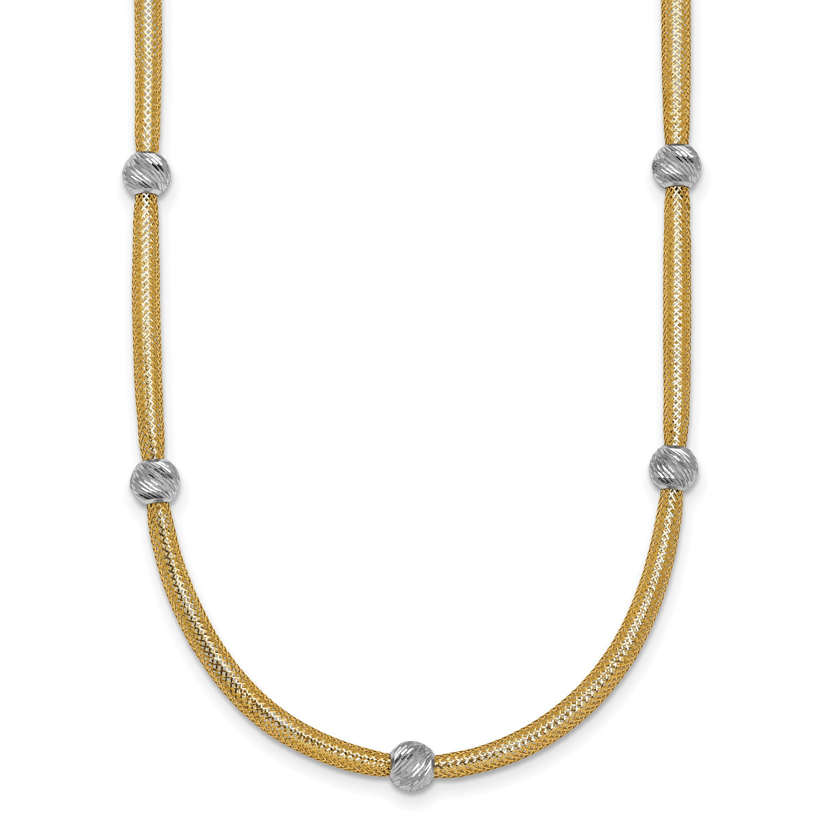 14k Gold with Rhodium 5-Station Diamond-cut Beads 4mm Flexible Mesh 18 inch Necklace