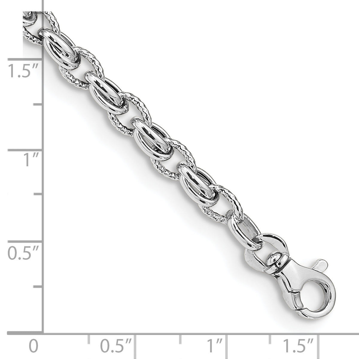 14k White Gold Polished Fancy Link 7.5 inch Bracelet, shown with a ruler for scale