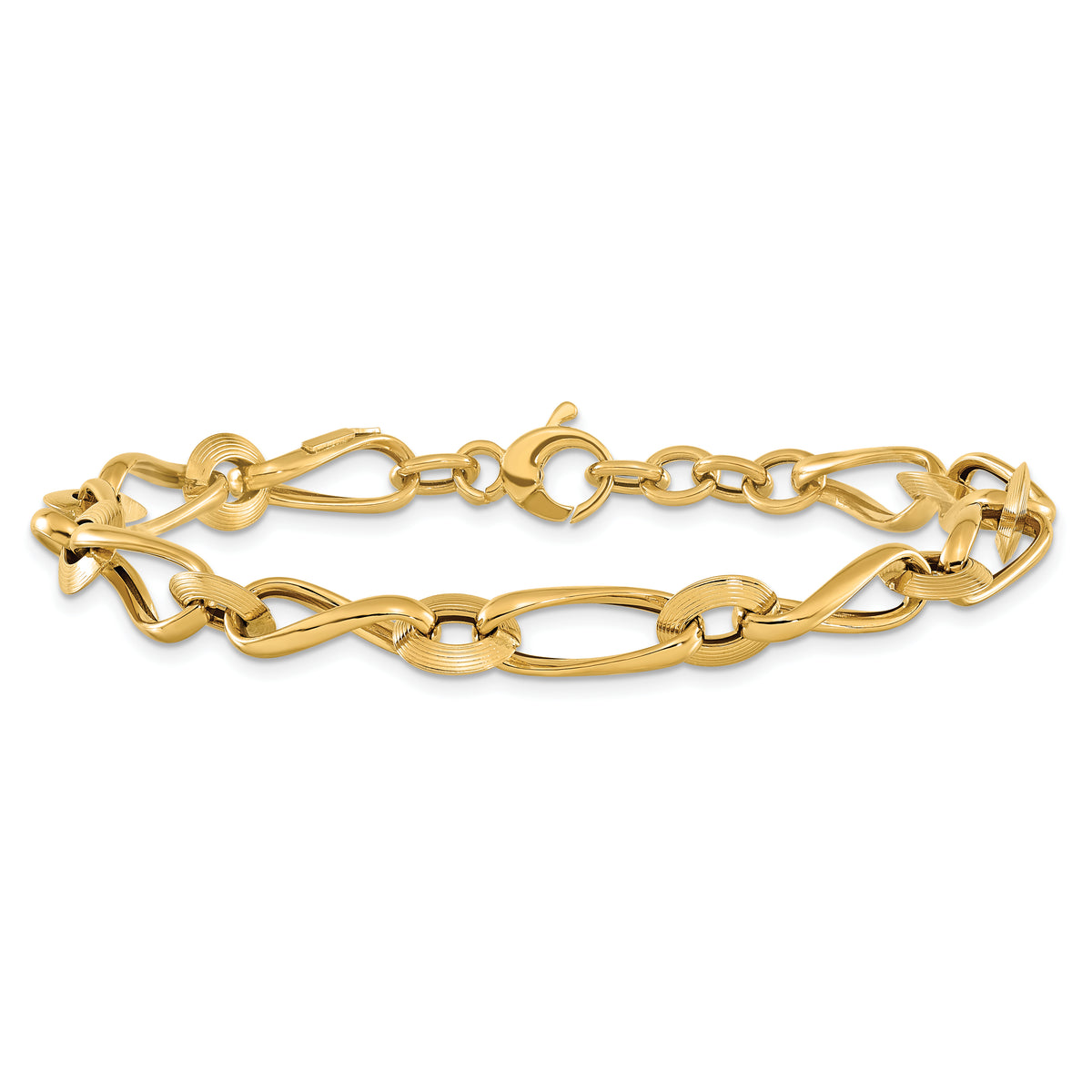 14k Yellow Gold Polished and Grooved Fancy Twisted Link 8-8.5 inch Bracelet, view 3