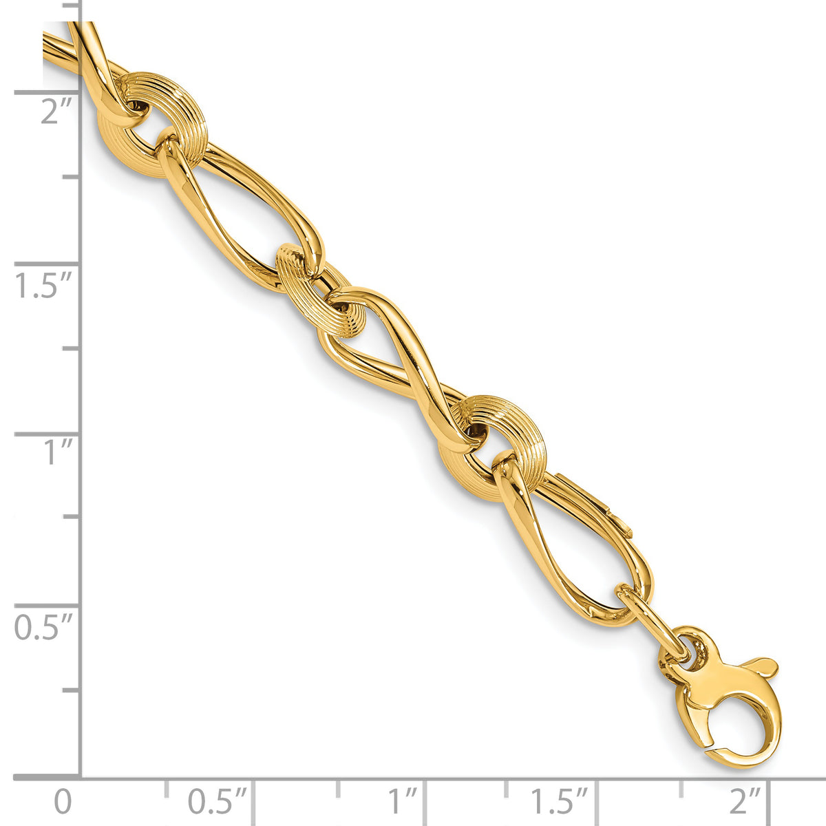 14k Yellow Gold Polished and Grooved Fancy Twisted Link 8-8.5 inch Bracelet, shown with a ruler for scale