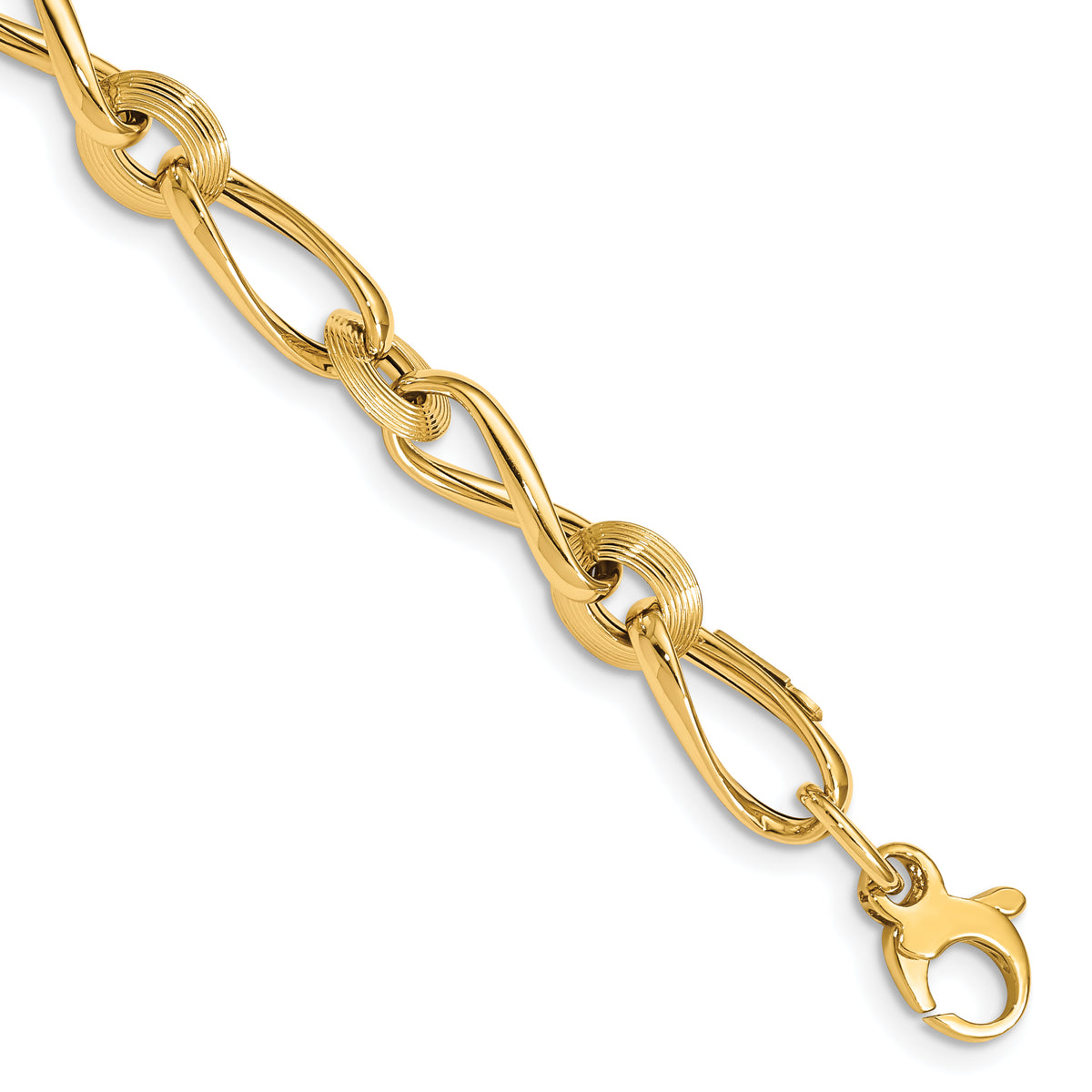 14k Yellow Gold Polished and Grooved Fancy Twisted Link 8-8.5 inch Bracelet