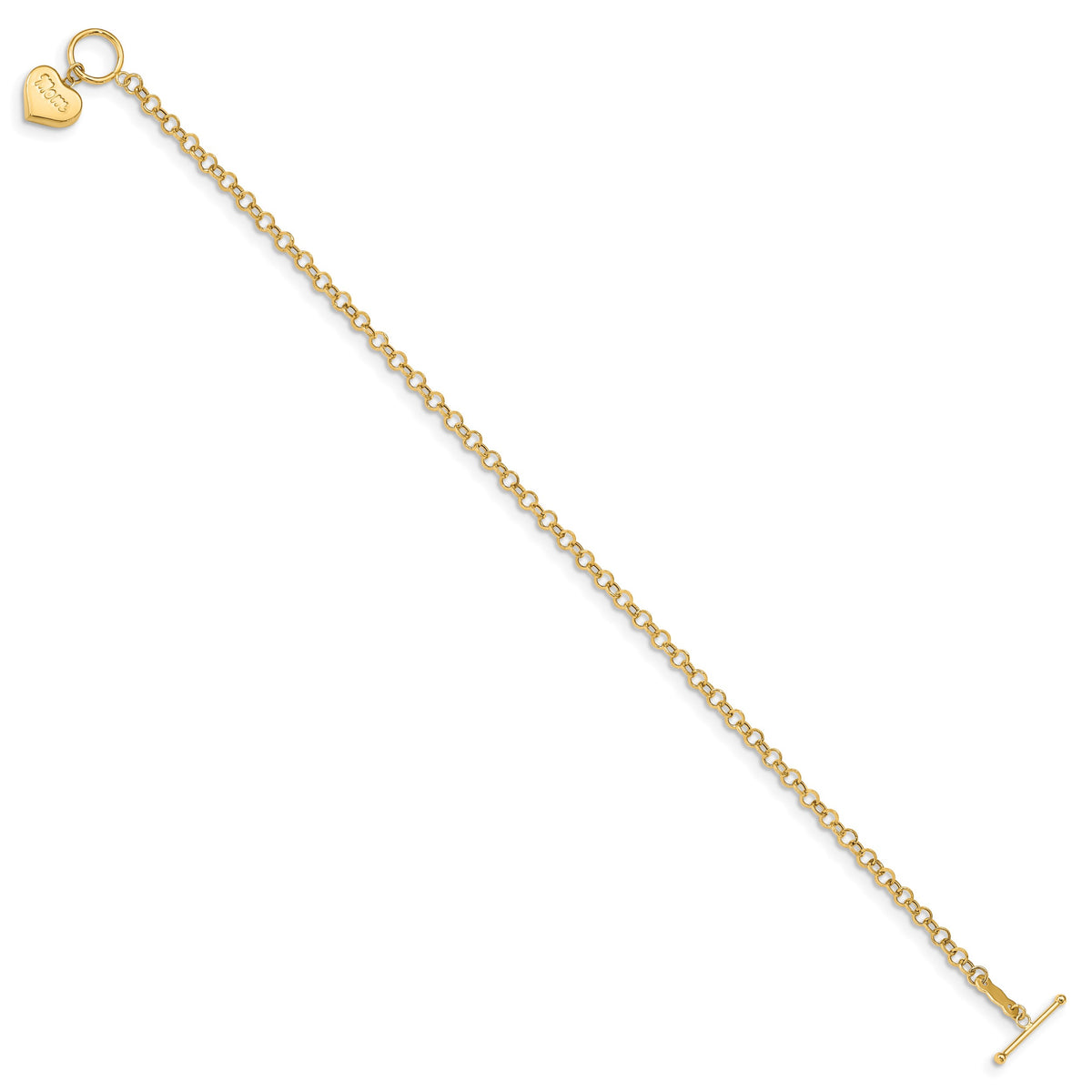14k Yellow Gold Puffed Mom Heart Dangle 7.5 inch Toggle Bracelet, view 2