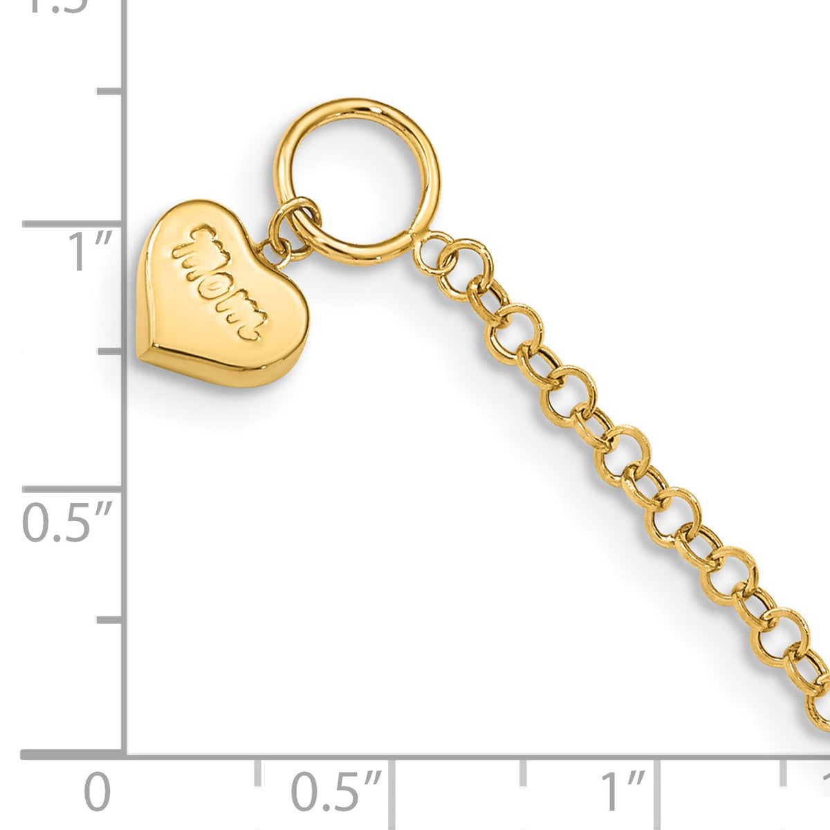 14k Yellow Gold Puffed Mom Heart Dangle 7.5 inch Toggle Bracelet, shown with a ruler for scale