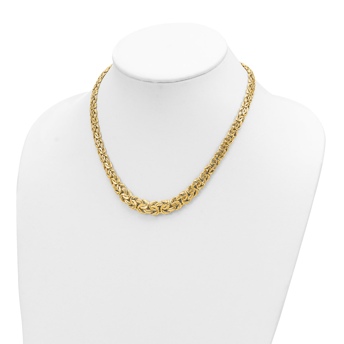 14k Yellow Gold Fancy Graduated 7-12mm Flat Byzantine 17.5 inch Necklace, shown on a neck form