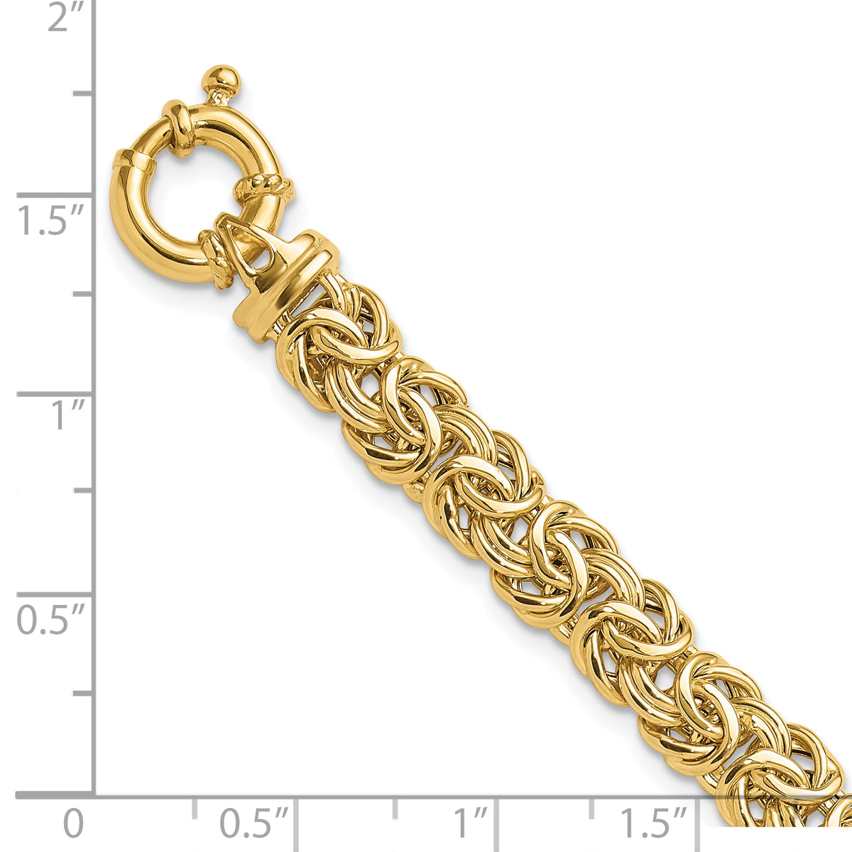 14k Yellow Gold Fancy 8mm Flat Byzantine 7.5 inch Bracelet, shown with a ruler for scale