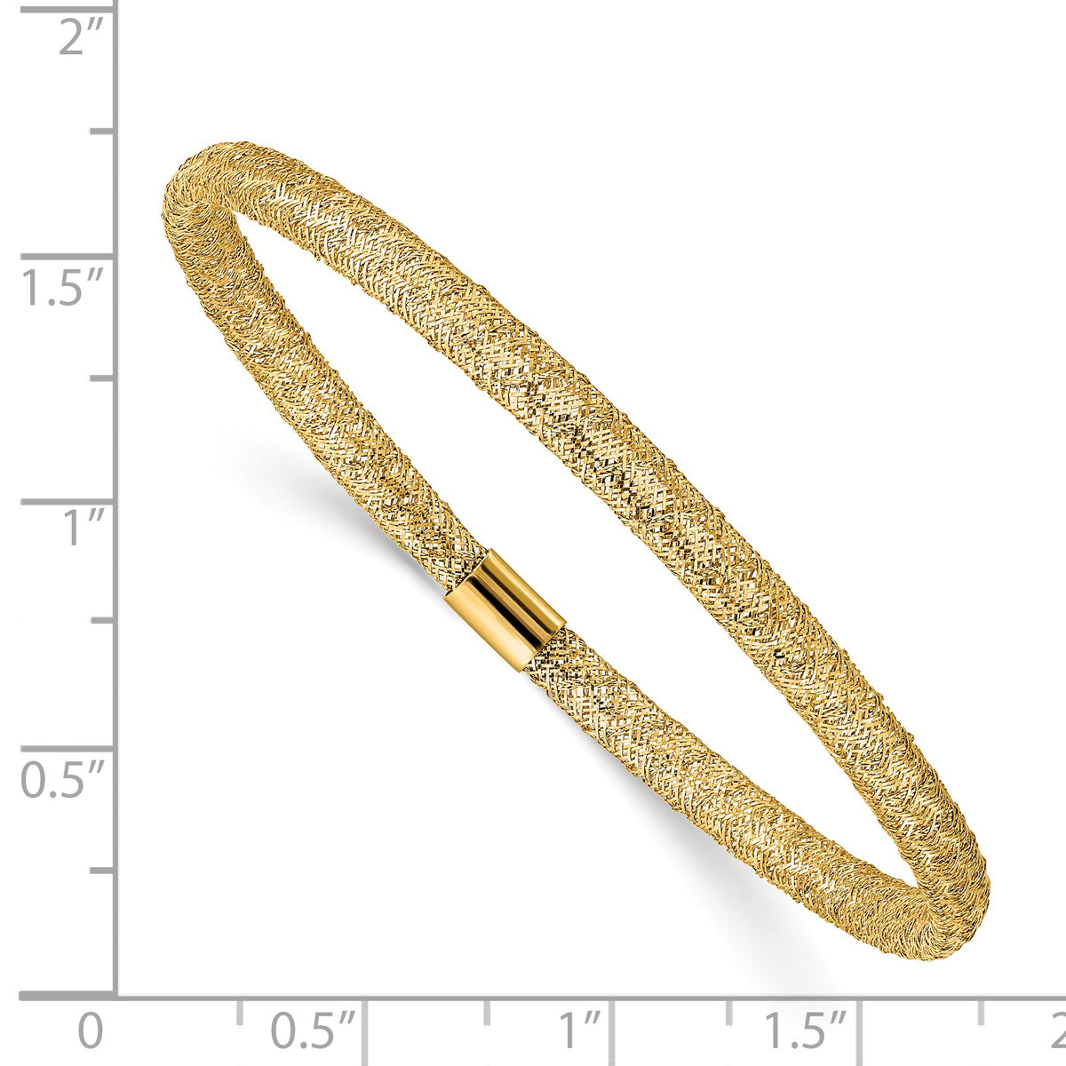 14k Yellow Gold 4mm Fancy Woven Mesh Slip-on Stretch Bracelet, shown with a ruler for scale