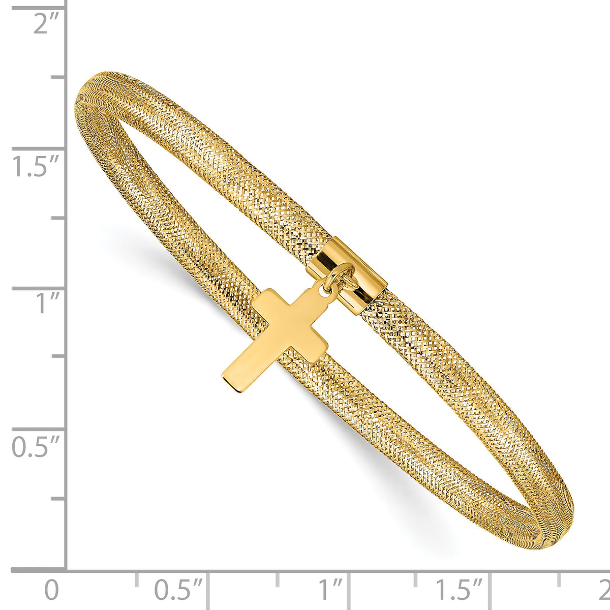 14k Yellow Gold 4mm Cross Dangle Woven Mesh Slip-on Stretch Bracelet, shown with a ruler for scale