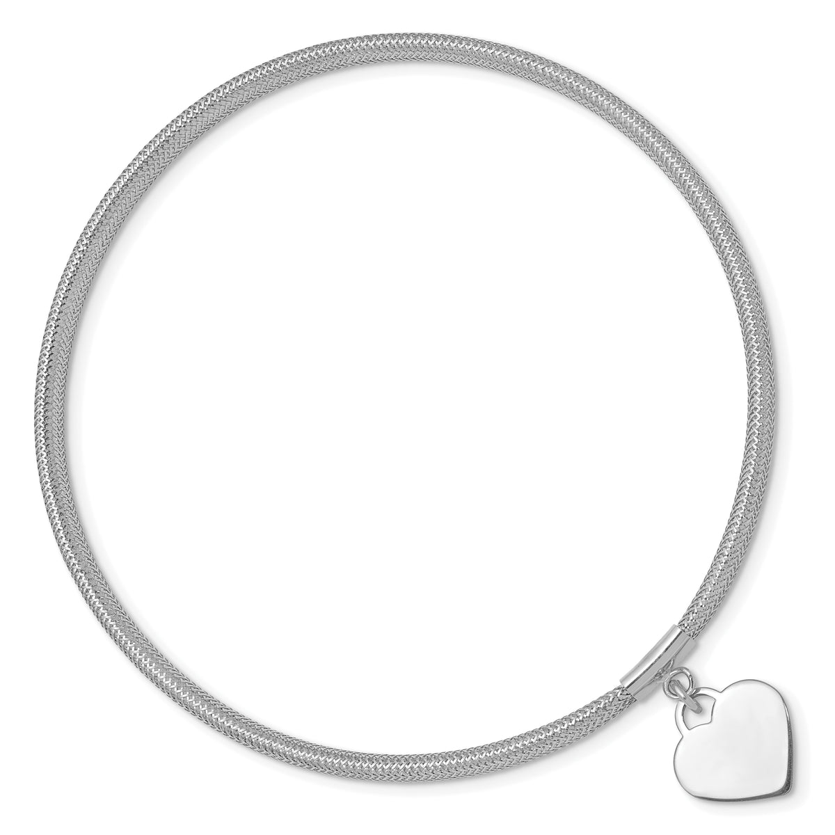 14k Gold with White Rhodium 4mm Heart Dangle Woven Mesh Slip-on Stretch Bracelet, view 2