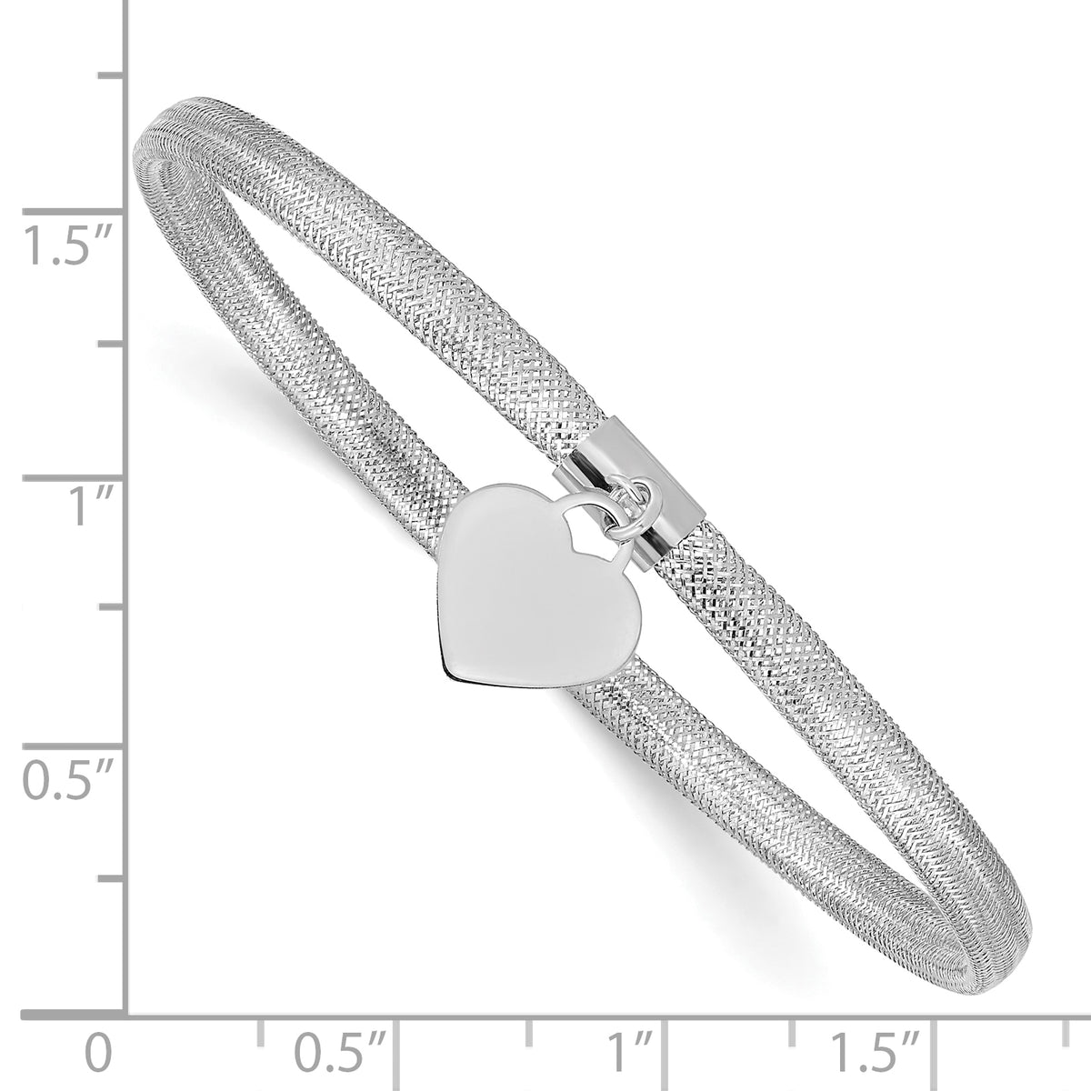 14k Gold with White Rhodium 4mm Heart Dangle Woven Mesh Slip-on Stretch Bracelet, shown with a ruler for scale