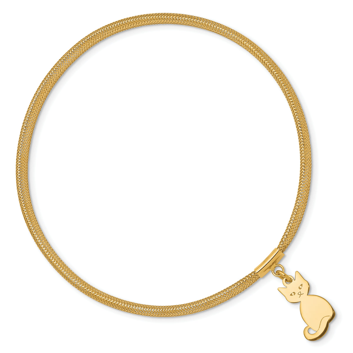 14k Yellow Gold 4mm Cat Dangle Woven Mesh Slip-on Stretch Bracelet, view 2