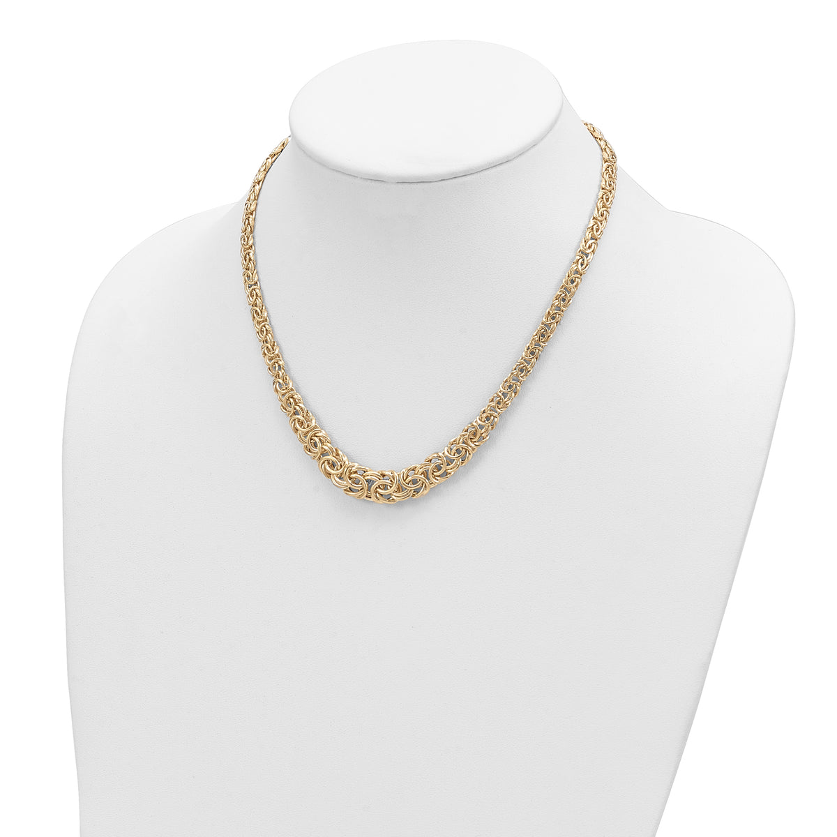 14k Yellow Gold Graduated 7-10mm Fancy Byzantine 17.25 inch Necklace, shown on a neck form