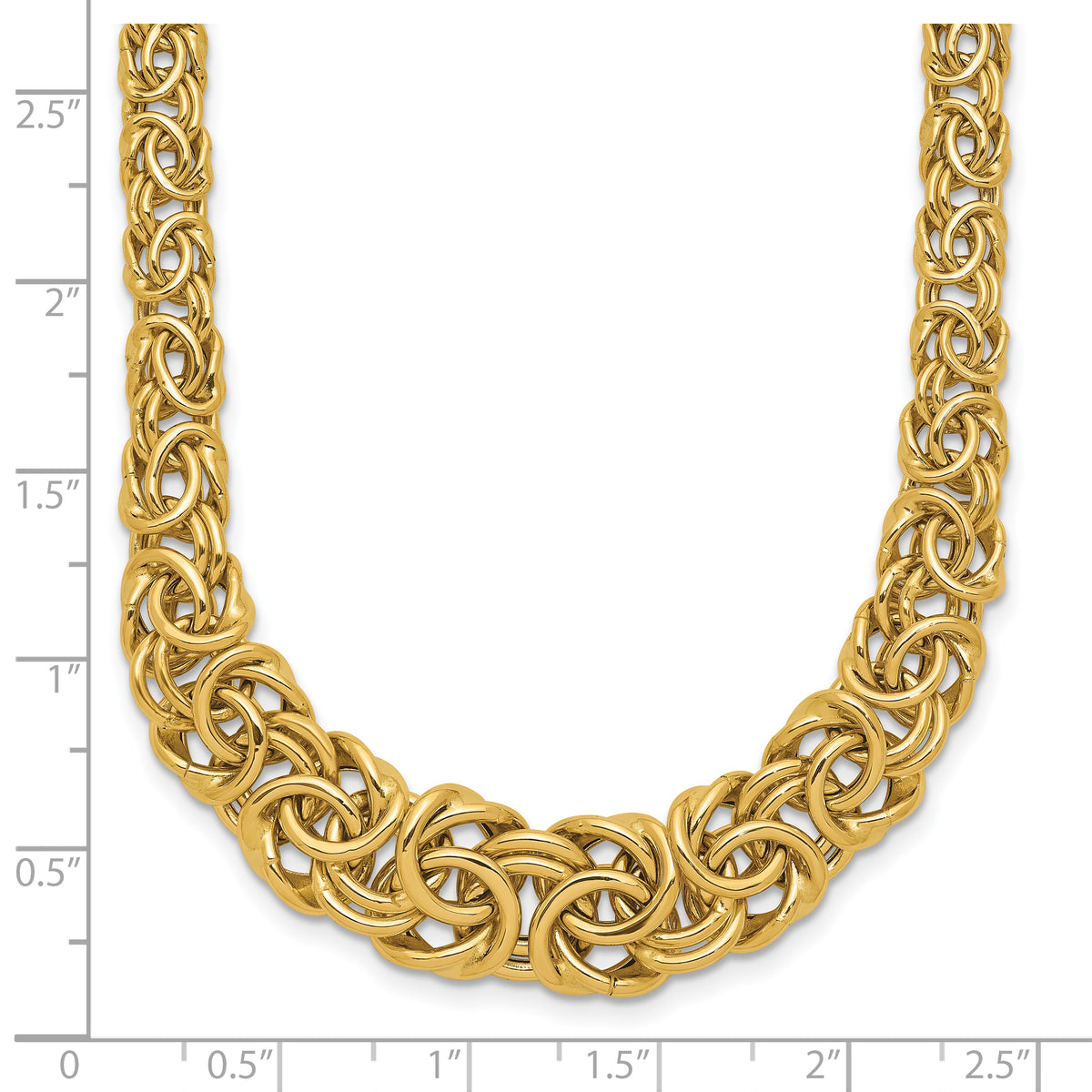 14k Yellow Gold Graduated 7-10mm Fancy Byzantine 17.25 inch Necklace, shown with a ruler for scale