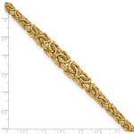 14k Yellow Gold Graduated 7-10mm Fancy Byzantine 7.25 inch Bracelet, shown with a ruler for scale