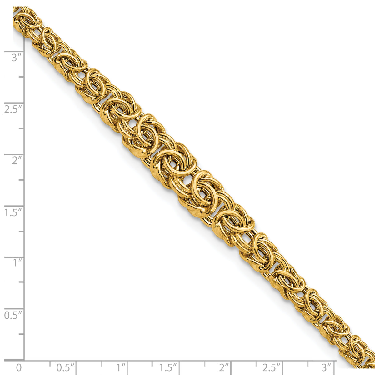 14k Yellow Gold Graduated 7-10mm Fancy Byzantine 7.25 inch Bracelet, shown with a ruler for scale
